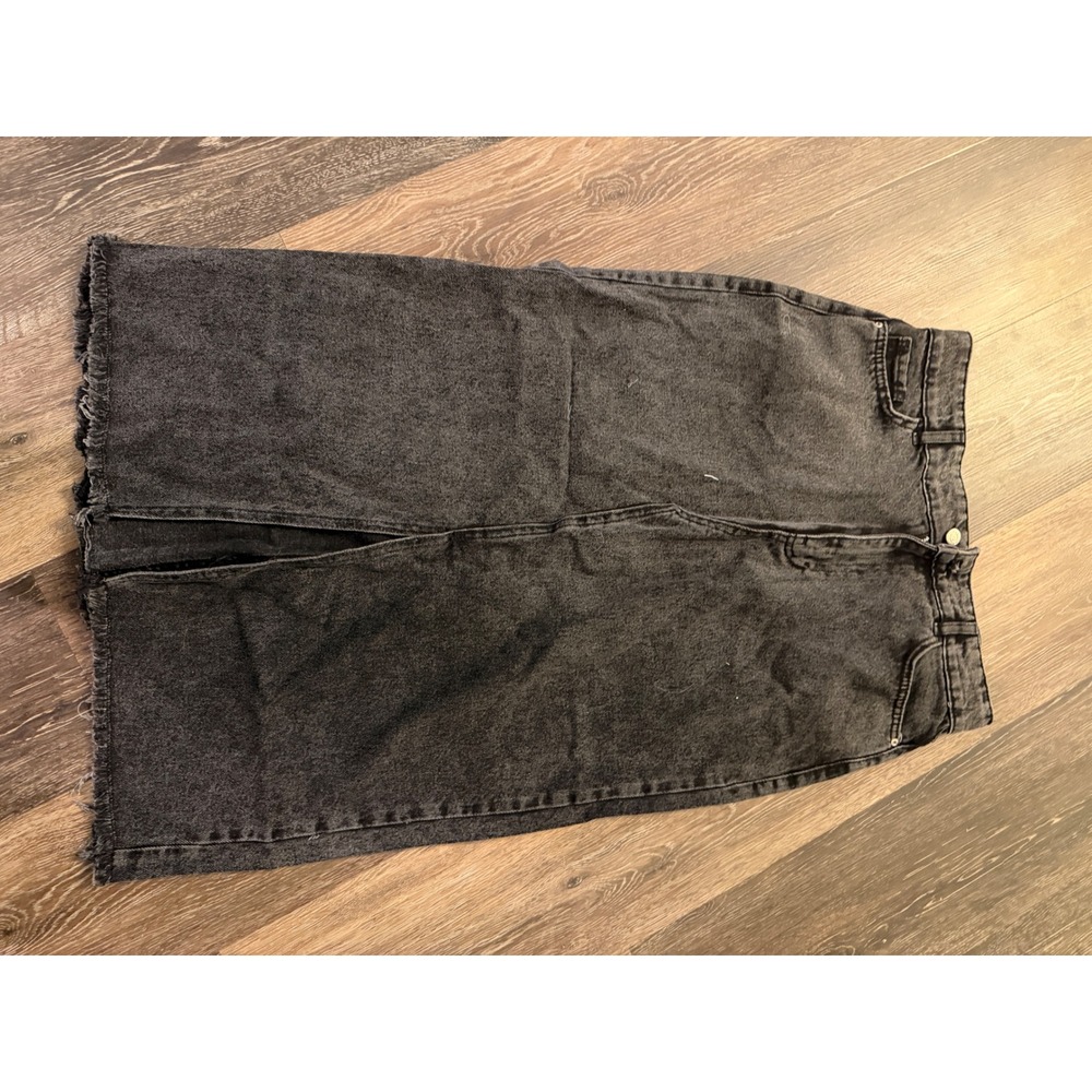 SHEIN Washed Black Denim Midi Skirt High Waisted Raw Hem Front Slit Size Large